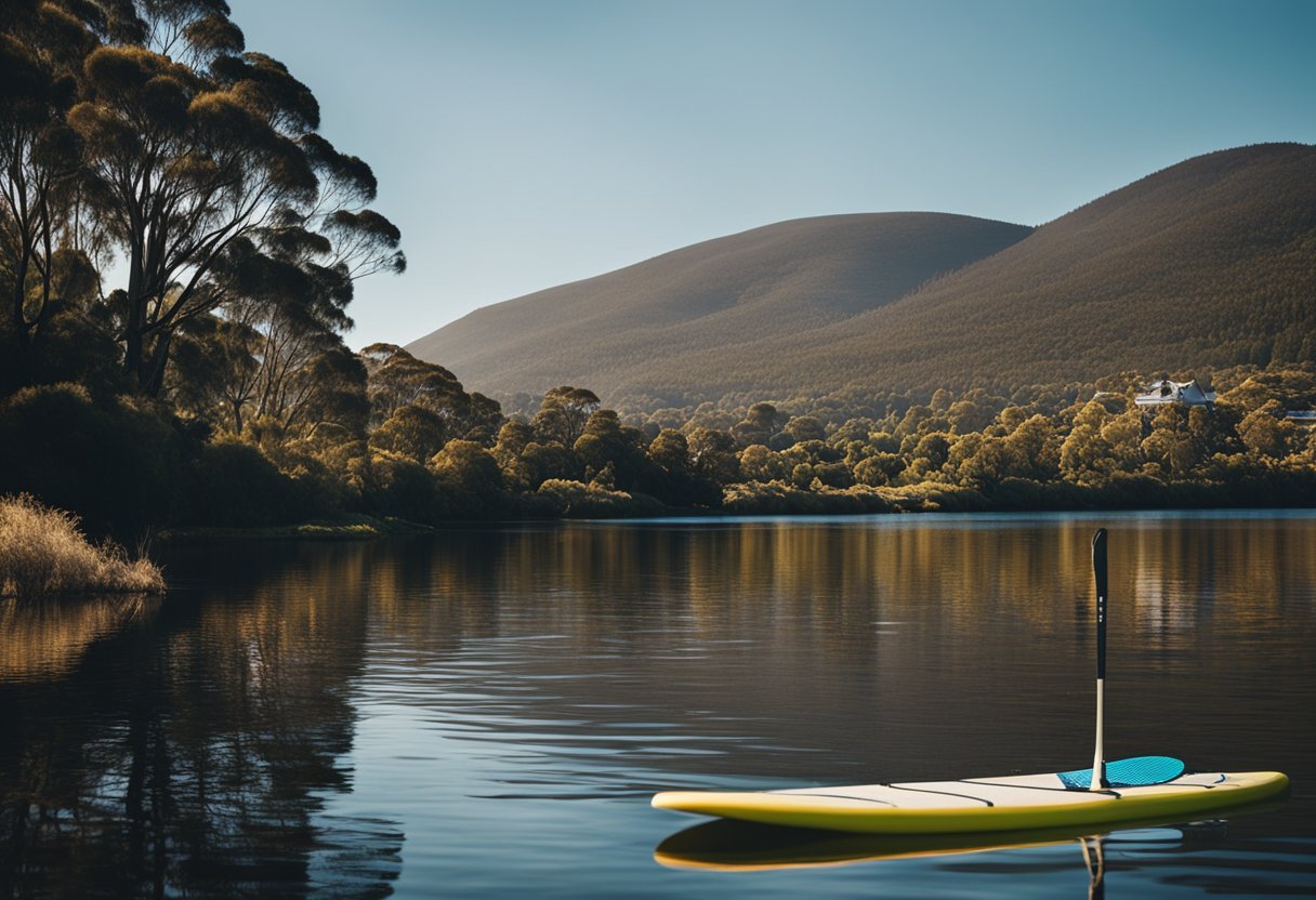 A serene river with wildlife, a SUP board, and the backdrop of Hobart, Australia