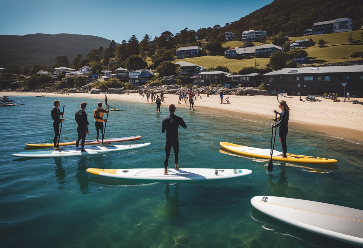 A group of SUP boarders gather at a scenic beach in Hobart, Australia. The sun is shining, and the water is calm as they prepare to launch their boards into the clear blue sea