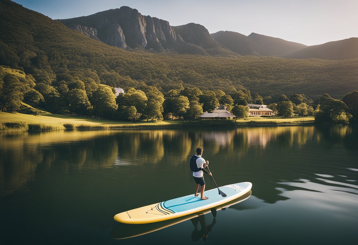 A serene river with a backdrop of lush greenery and mountains. A SUP board glides gracefully on the calm water, with the Hobart skyline in the distance