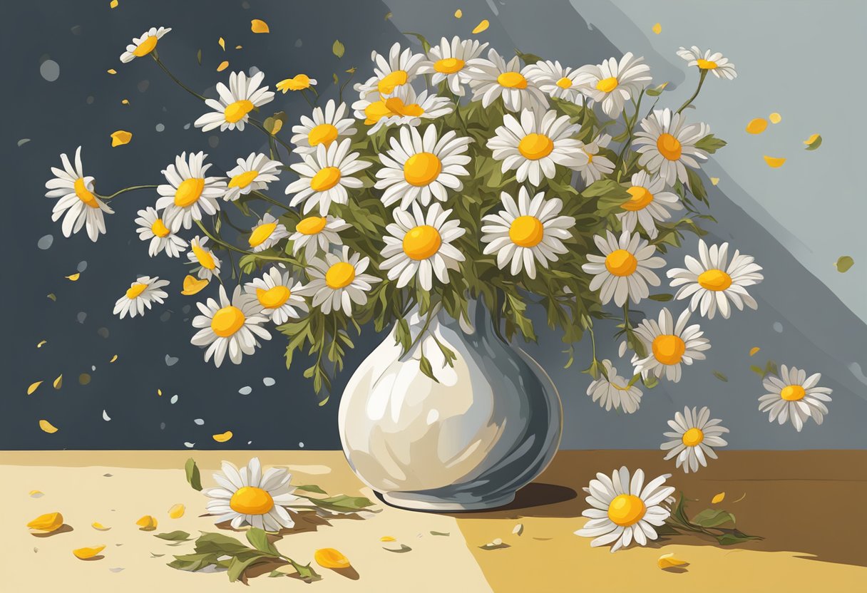 Bright daisies droop in a wilted vase, surrounded by wilting petals and yellowing leaves