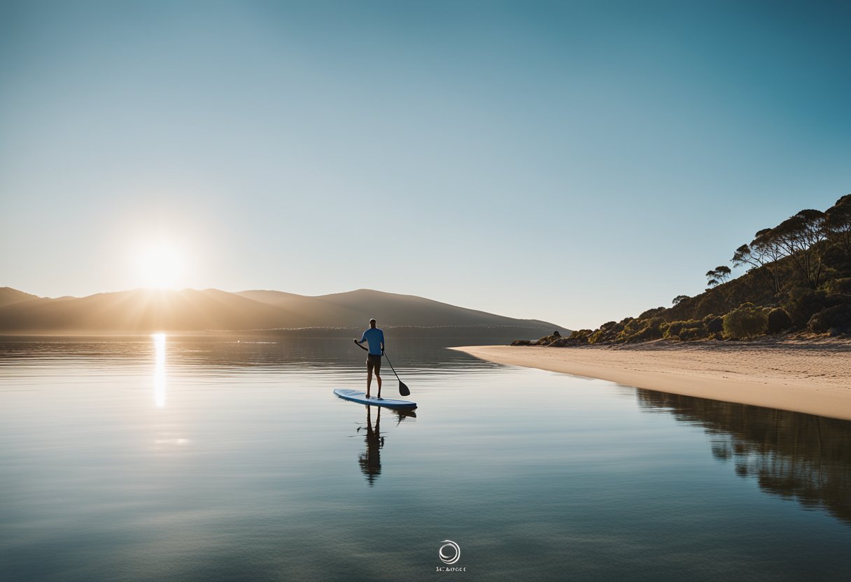 A serene beach with a clear blue sky, a stand-up paddle board with "Frequently Asked Questions SUP Board Hobart Australia" written on it, and calm waters reflecting the sunlight