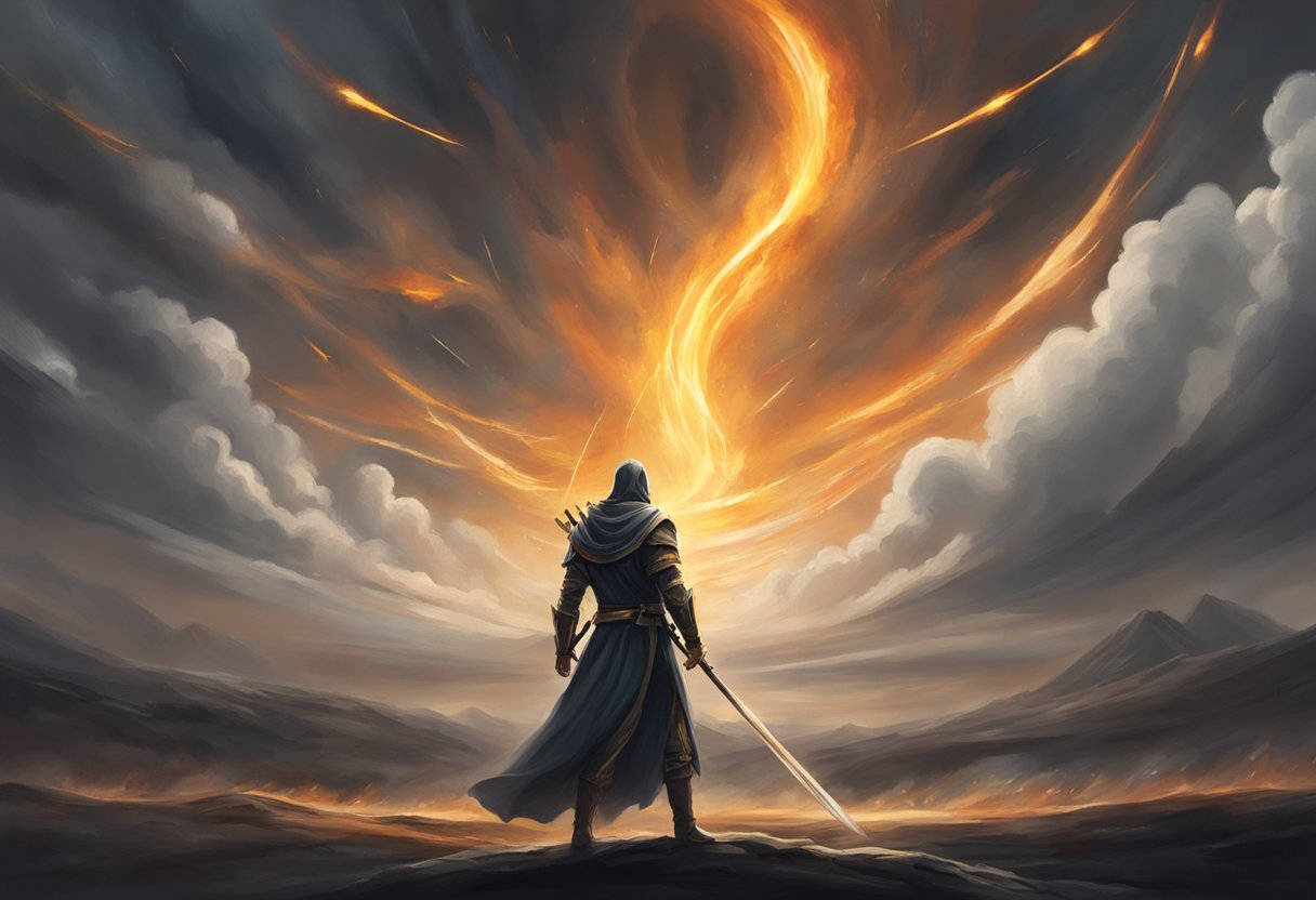A lone figure stands in a battlefield, surrounded by swirling dark clouds and fiery arrows. They raise a sword towards the heavens, their eyes filled with determination and faith