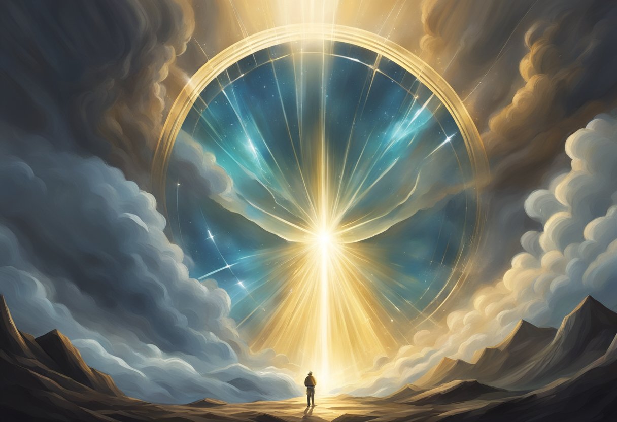 A radiant shield of light surrounds a figure, repelling dark forces. A stream of powerful prayers emanates from the figure, breaking through the spiritual warfare