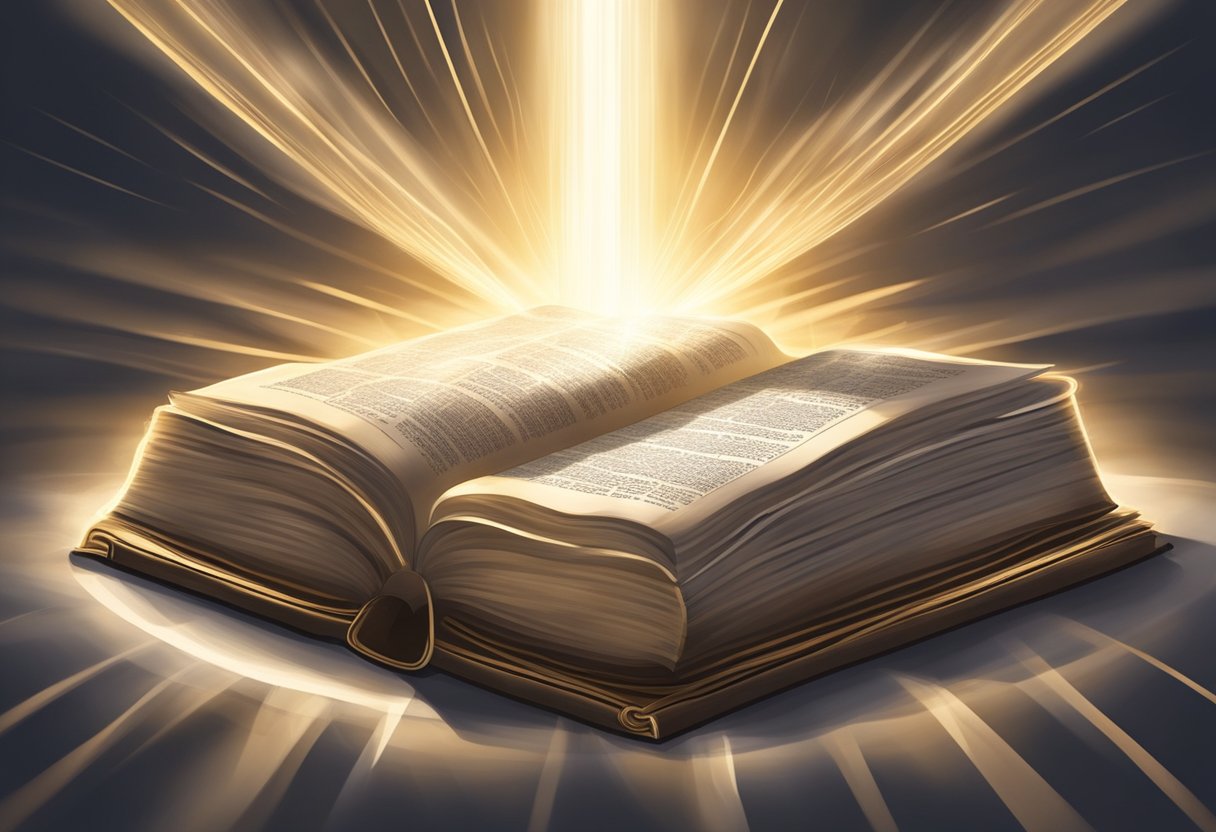 A glowing Bible surrounded by a ring of light, with beams of light radiating outward, symbolizing the power of scripture prayers in overcoming spiritual warfare