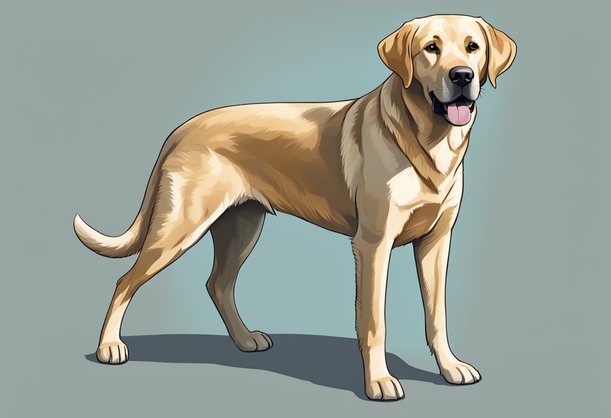 A Labrador Retriever stands proudly with a wagging tail, ears alert, and a friendly expression on its face. Its body is muscular and poised, exuding confidence and loyalty