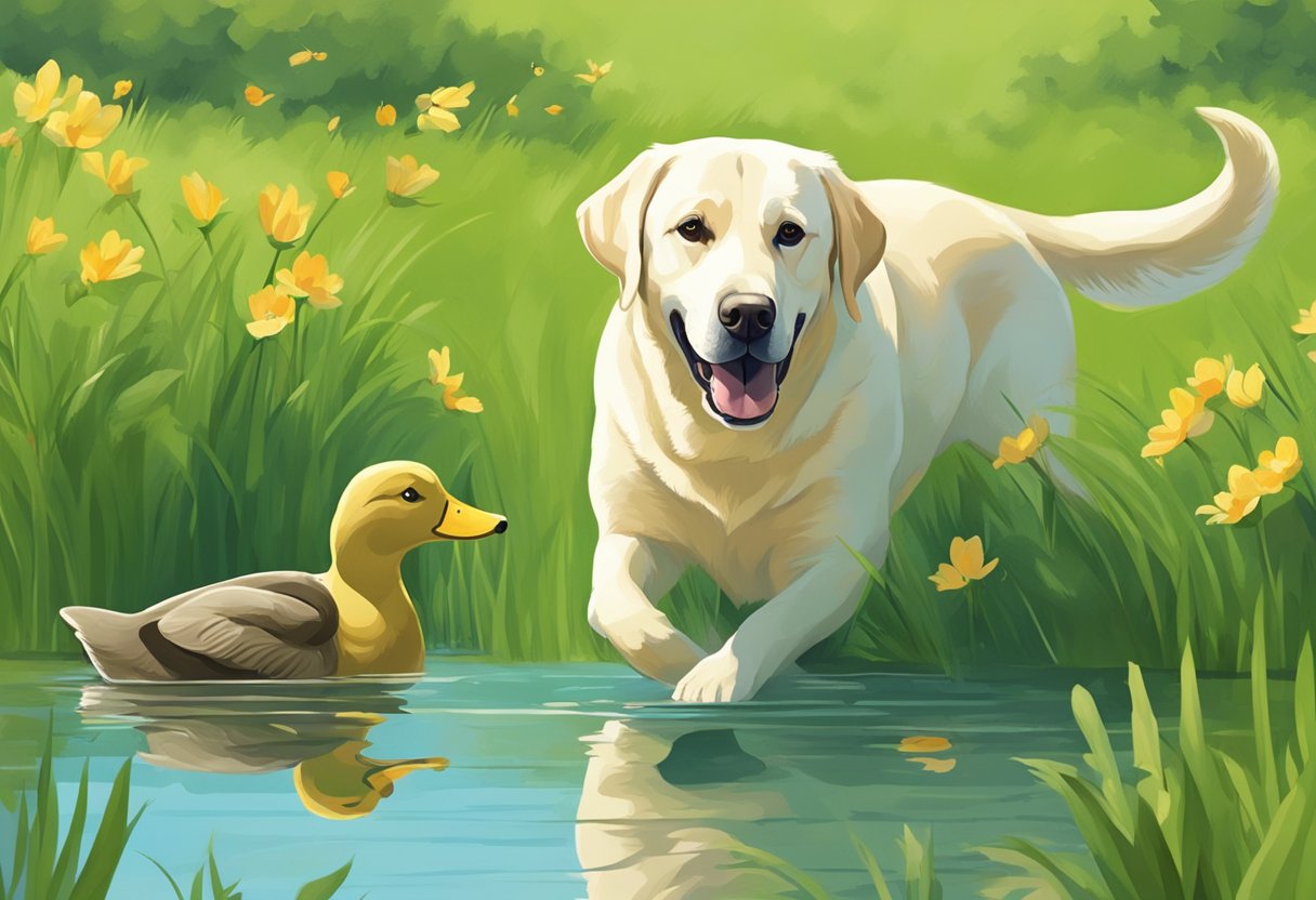 A Labrador Retriever playing in a green field, with a ball in its mouth and a wagging tail. Nearby, a family of ducks waddles in a pond