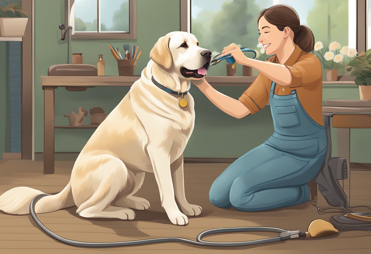 A Labrador Retriever being groomed and brushed by a caring owner in a peaceful and well-maintained environment