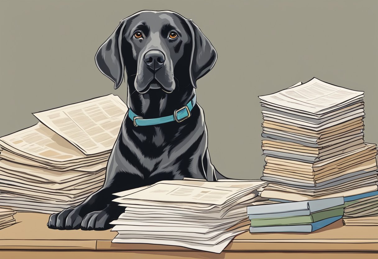 A Labrador Retriever eagerly sits beside a stack of "Frequently Asked Questions" papers, looking up at a person with a curious expression