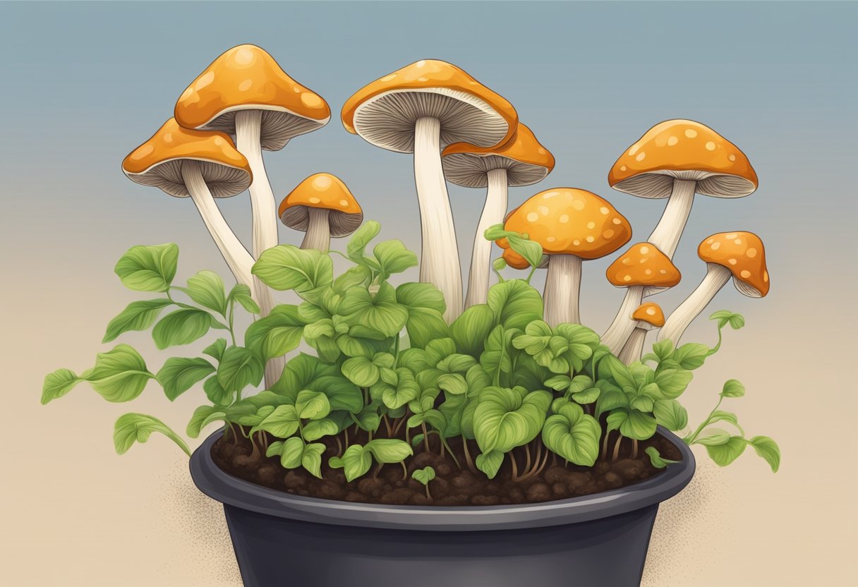 Mushrooms sprout from soil in potted plants outdoors