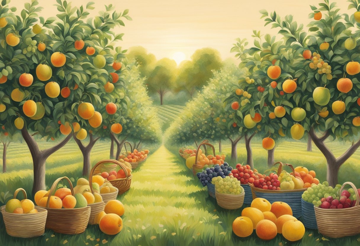 Fruit trees in rows, laden with ripe produce, stretch out across a sun-drenched orchard. Families wander through the aisles, plucking juicy fruits and filling their baskets with the bounty of the season
