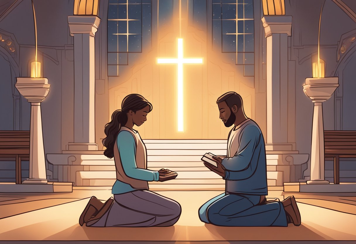 A couple kneeling together in prayer, surrounded by a warm, glowing light. A Bible open in front of them, with 30 highlighted prayer points for a stronger marriage