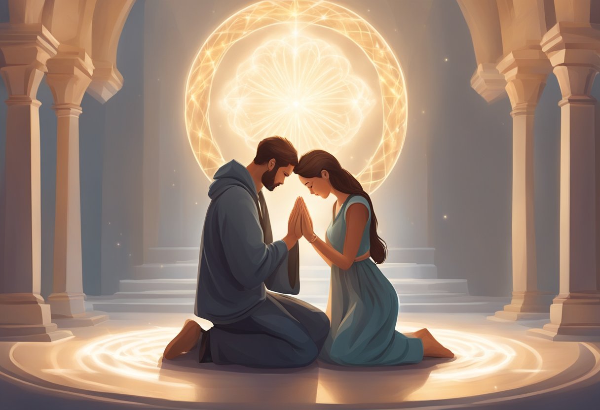 A couple kneeling in prayer, surrounded by a circle of light, with intertwined hands and hearts radiating love and strength