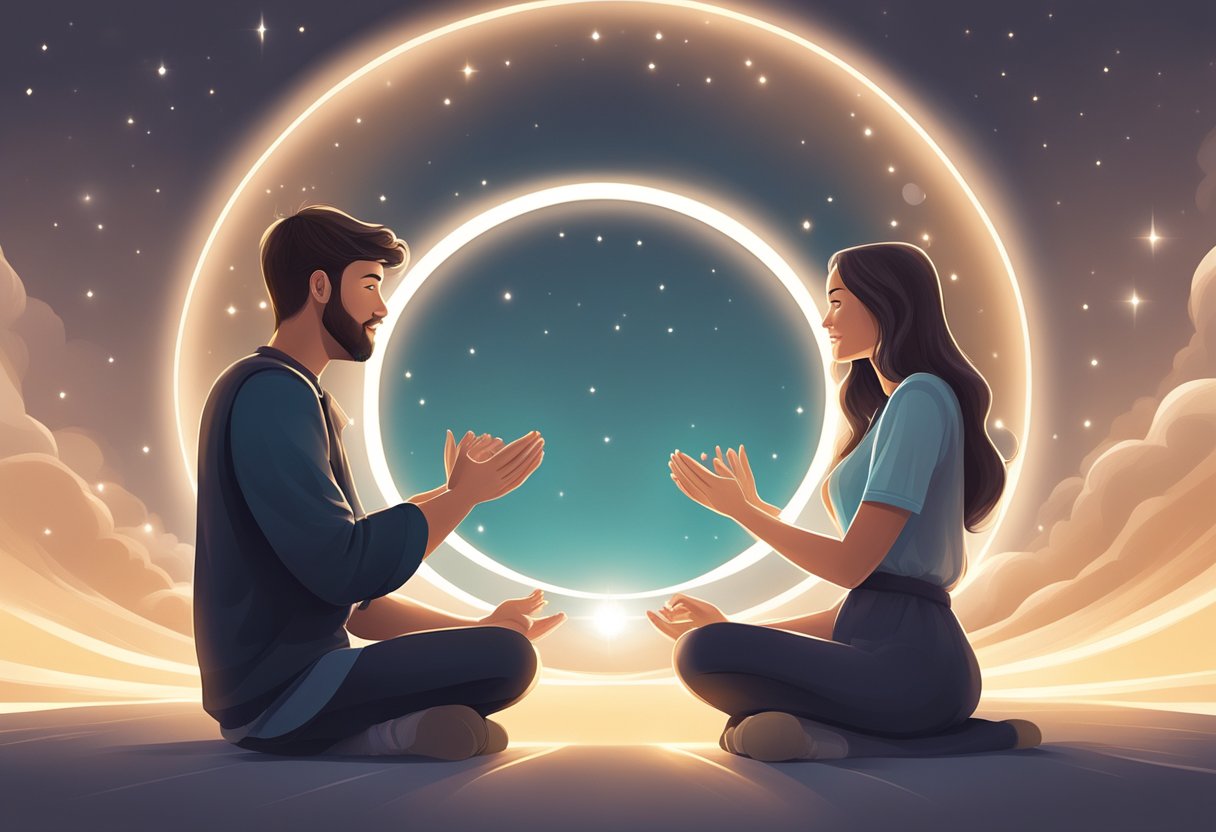 A couple sitting together, surrounded by a circle of light, holding hands and praying, with a sense of peace and resolution in the air