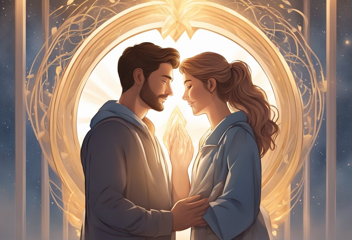 A couple embraces, surrounded by a heart-shaped halo. Their bond is symbolized by intertwined rings, while a beam of light shines down on them, representing divine love and support