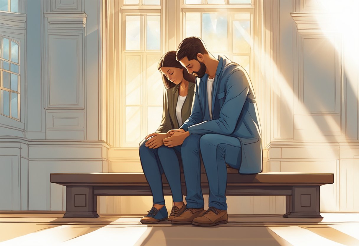A couple sits together, heads bowed in prayer. A house and a bank symbolize their family and finances. Rays of light shine down, indicating hope and faith