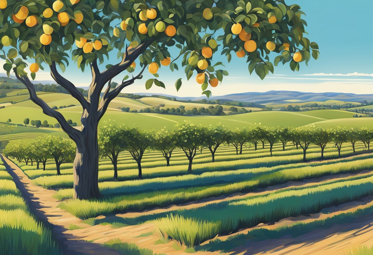 Lush orchards with rows of ripe fruit trees, surrounded by rolling hills and clear blue skies near Ballarat