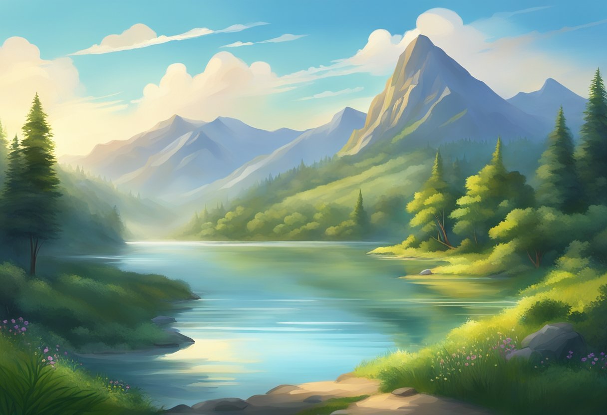 A serene landscape with a clear blue sky, lush greenery, and calm waters, surrounded by mountains, with a subtle glow of divine light shining down upon the scene