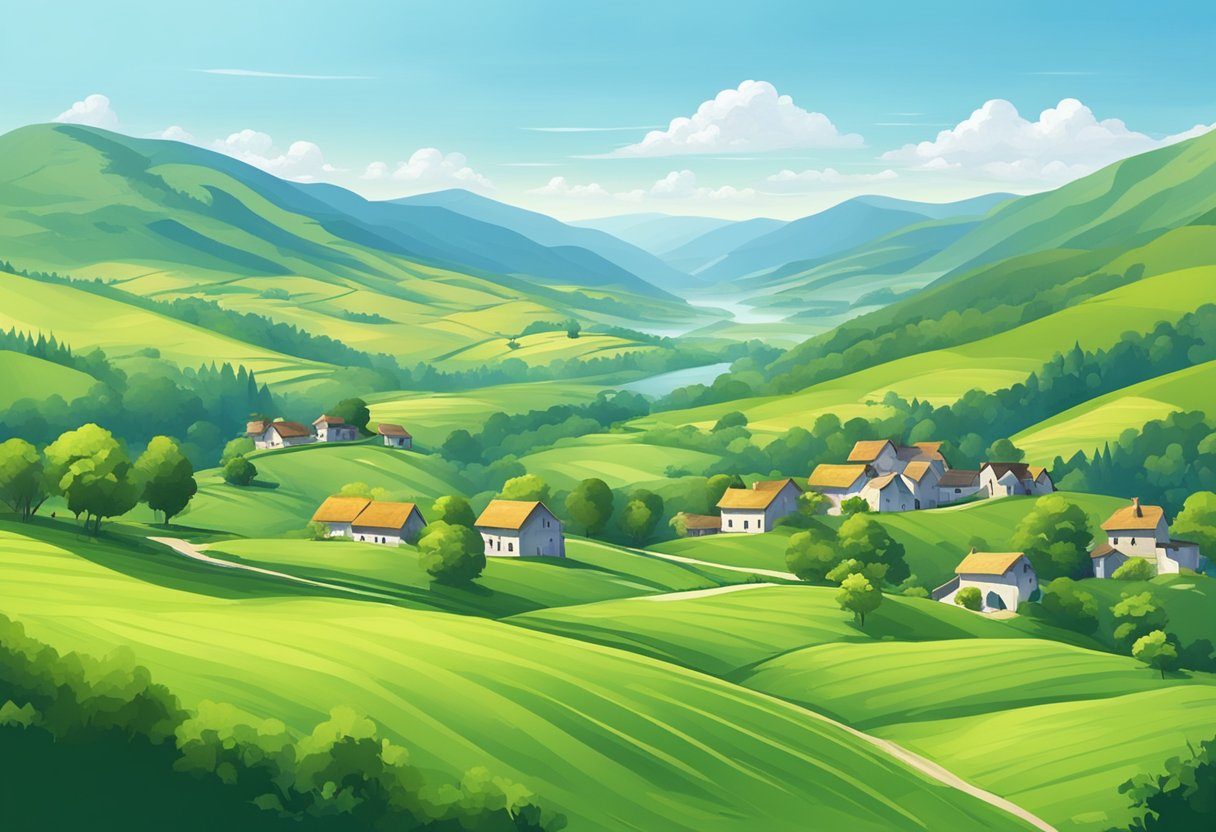 A serene landscape with a clear blue sky, green rolling hills, and a peaceful village nestled in the valley, surrounded by tall mountains and sturdy trees