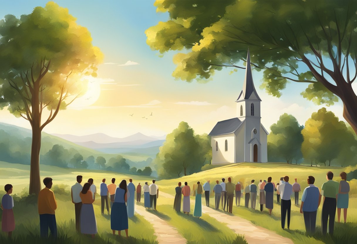 A serene countryside landscape, bathed in warm sunlight, with a small church nestled among tall trees, as people gather to pray for protection against natural disasters