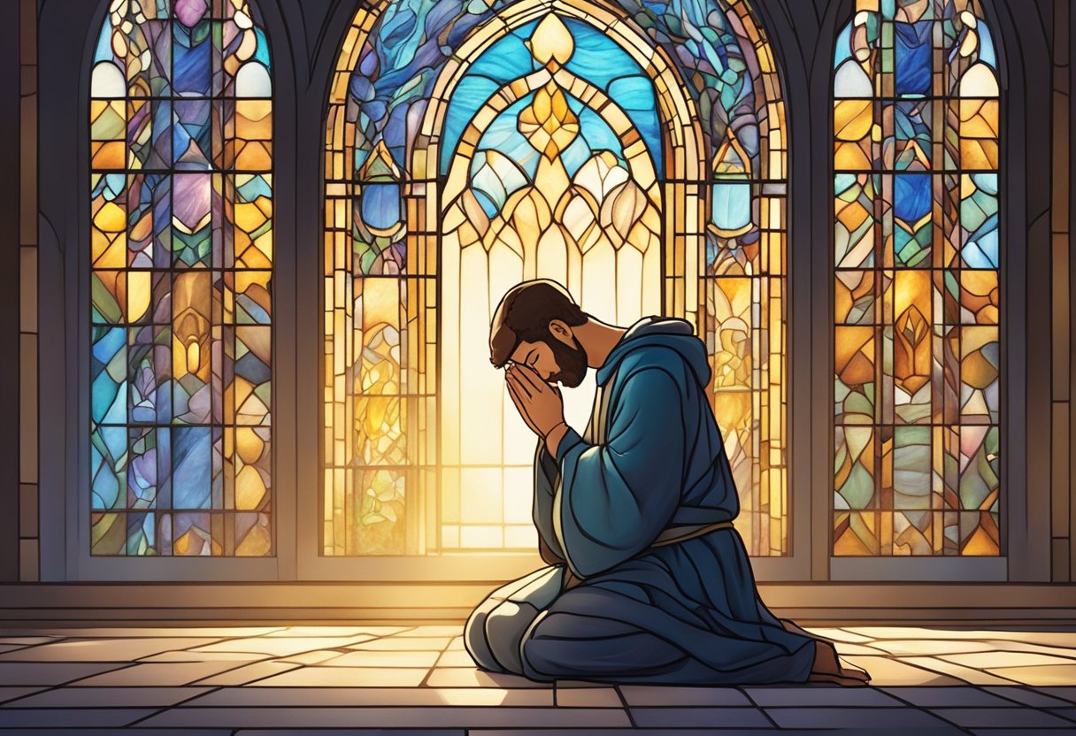 A serene figure kneels in prayer, surrounded by soft candlelight and gentle rays of sunlight streaming through stained glass windows