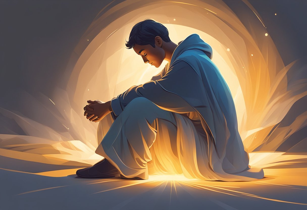 A figure kneels in prayer, surrounded by a warm, glowing light. Their hands are clasped in front of them, and a sense of peace and hope radiates from their posture