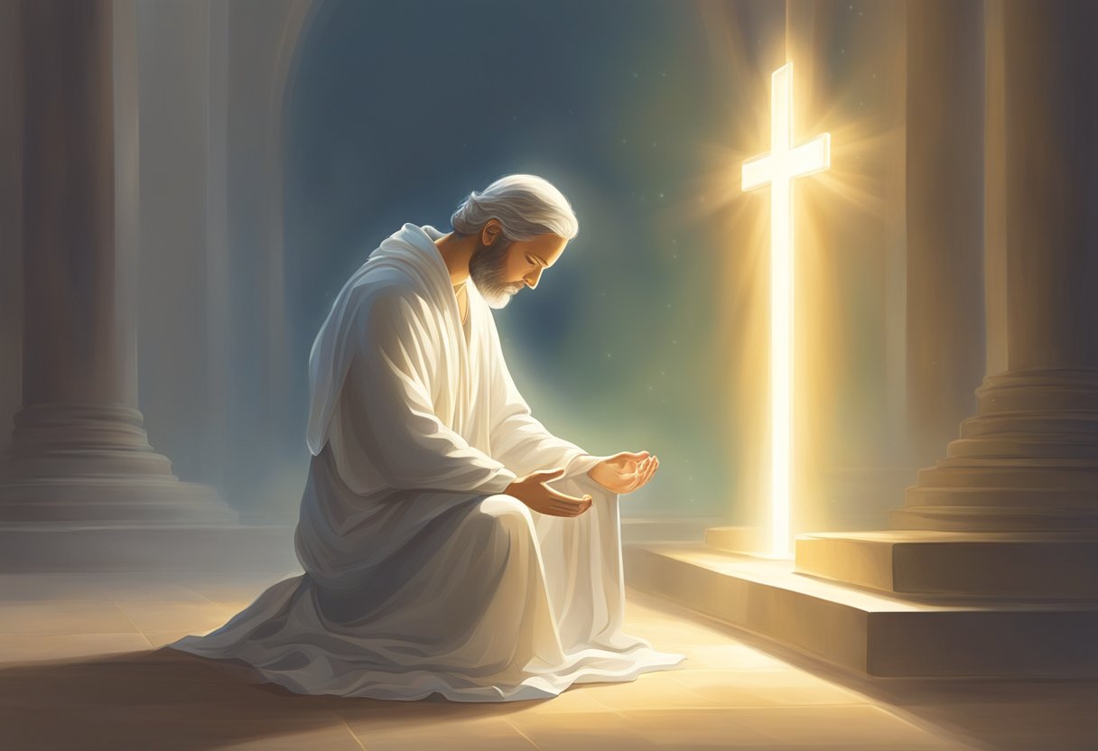 A figure kneels in a beam of light, head bowed in prayer. A glowing aura surrounds them, symbolizing the spiritual connection as they intercede for their loved ones' salvation