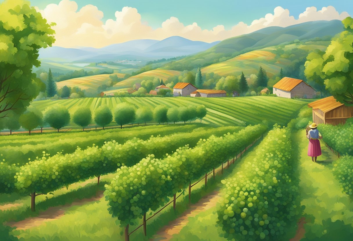 Lush green orchards with rows of fruit trees, baskets filled with ripe berries, families enjoying the sunshine, and a picturesque backdrop of rolling hills