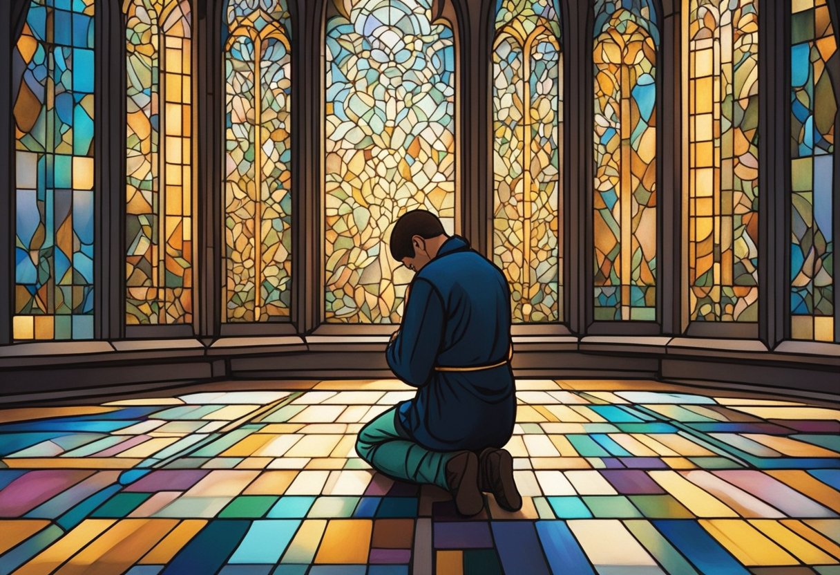 A figure kneels in a dimly lit room, head bowed in prayer. Soft light filters in through a stained glass window, casting colorful patterns on the floor. A sense of longing and hope fills the air