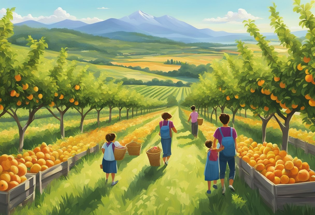 Lush orchards with rows of fruit trees, ripe for picking. Families wander through the fields, filling baskets with fresh produce. A sunny sky and distant mountains complete the idyllic scene