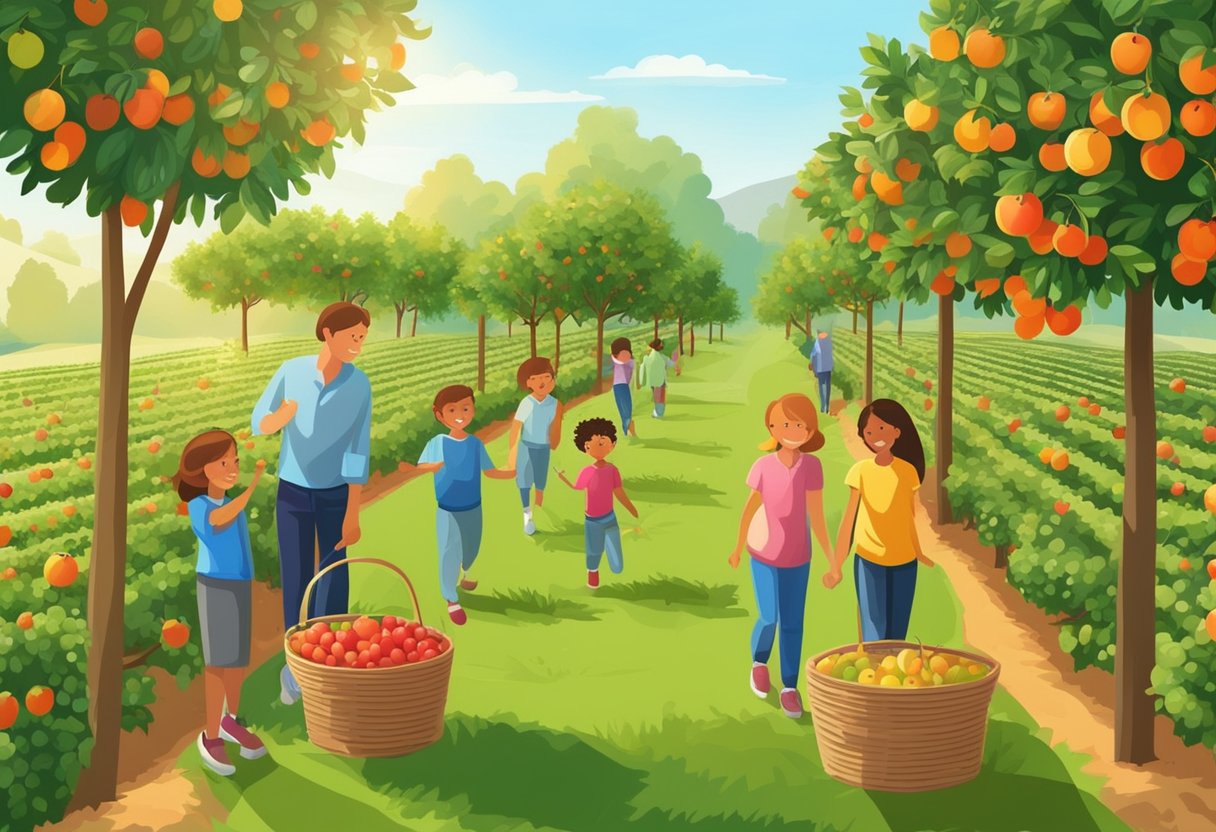Lush orchards with rows of fruit trees, ripe for picking. Baskets filled with colorful berries and apples. Families enjoying the sunny day