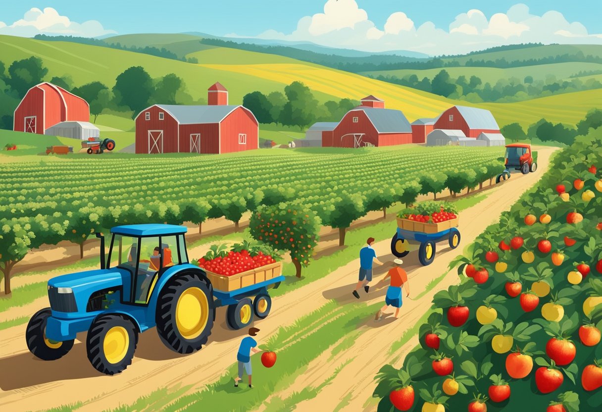Lush orchards with rows of ripe fruit, families picking apples and strawberries, bright sunshine and blue skies, a tractor hauling full baskets