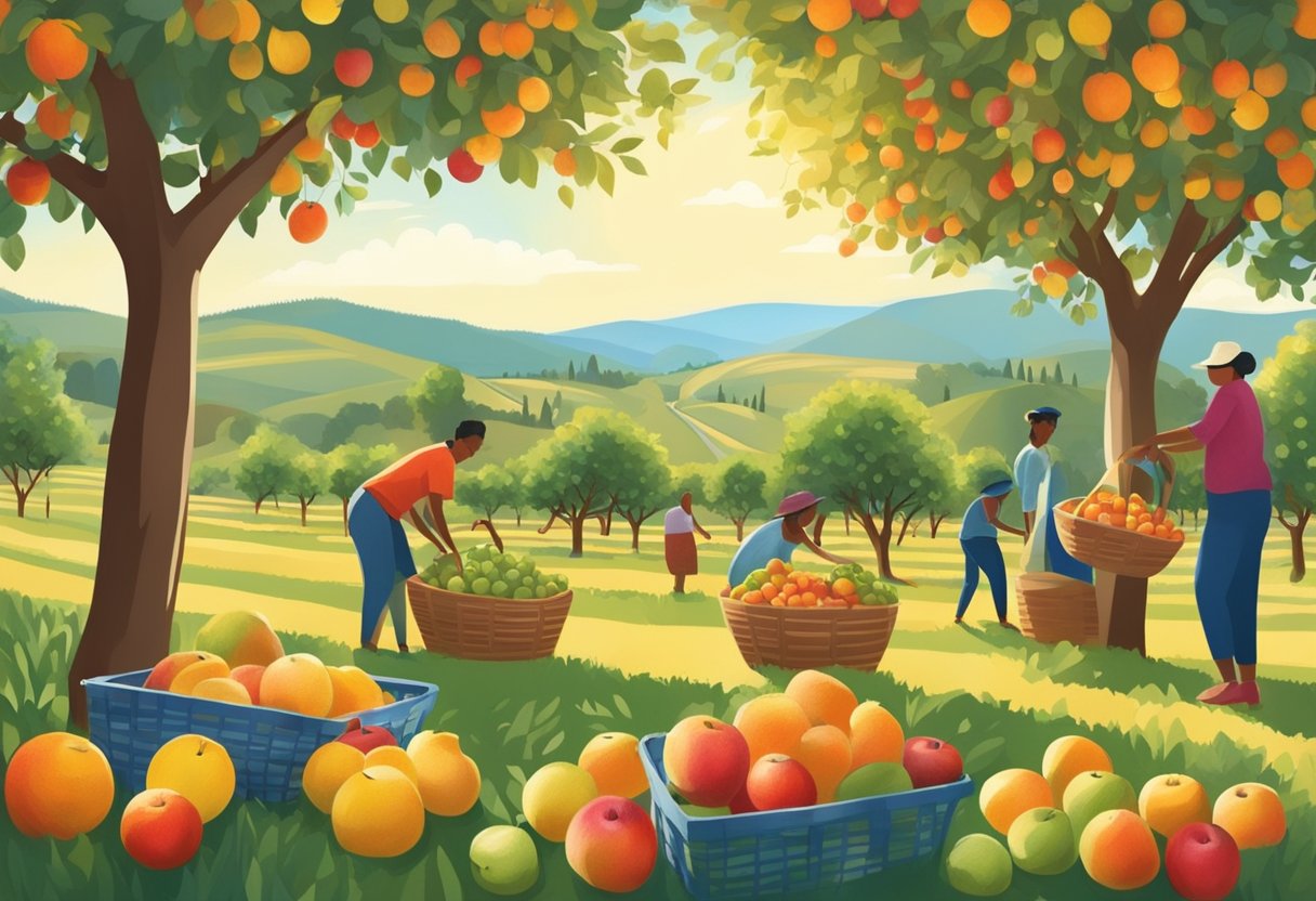 People picking fruit in a sunny orchard with rolling hills in the background, colorful fruit trees and baskets of freshly picked produce