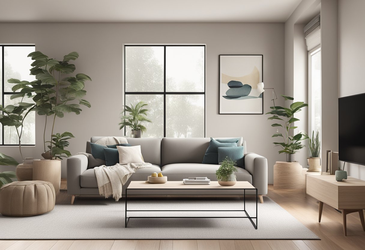 A cozy living room with sleek, well-crafted furniture from top affordable minimalist brands. Clean lines, neutral colors, and a sense of ease and sophistication