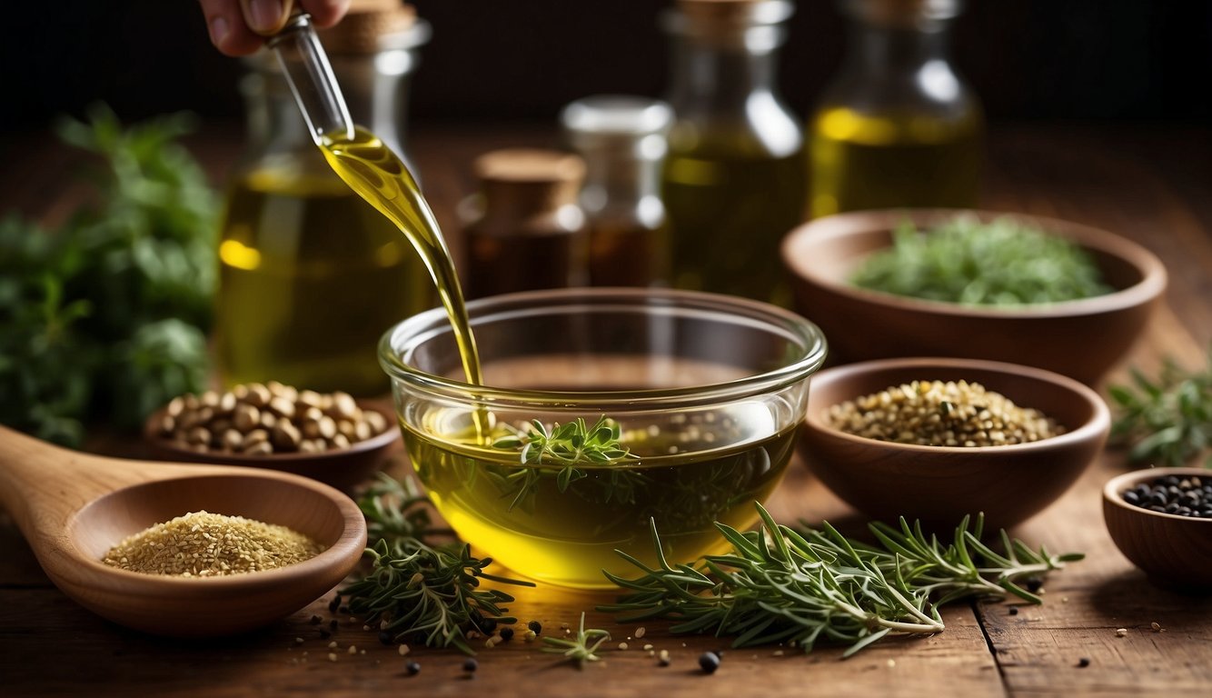 A hand pours green herb oil into a measuring cup, surrounded by various ingredients on a wooden countertop