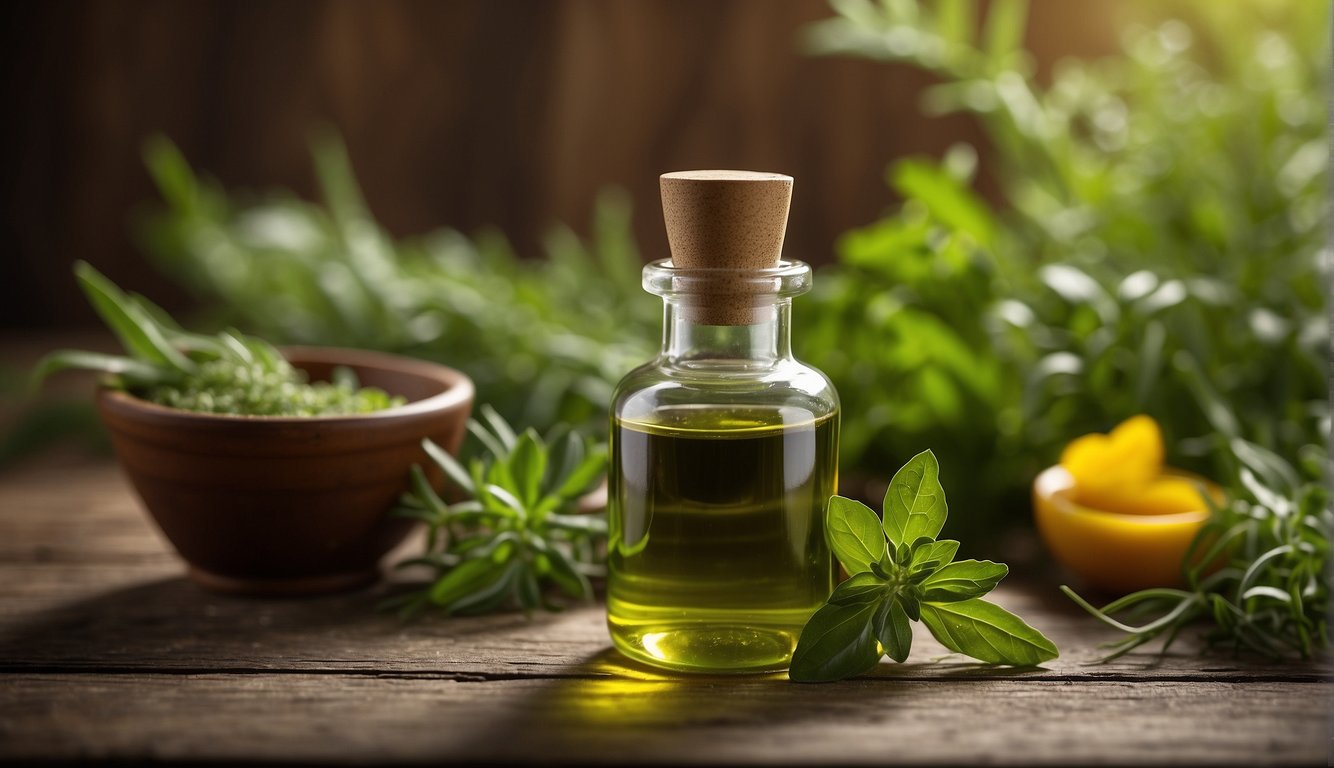 A small glass bottle of green herb oil sits on a wooden tabletop, surrounded by fresh herbs and a mortar and pestle