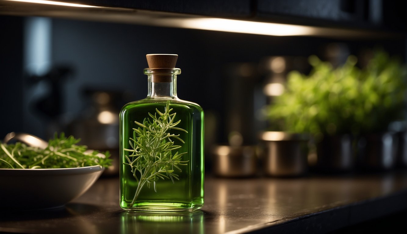 A glass bottle filled with fresh green herb oil is tightly sealed and placed on a shelf in a cool, dark pantry for preservation