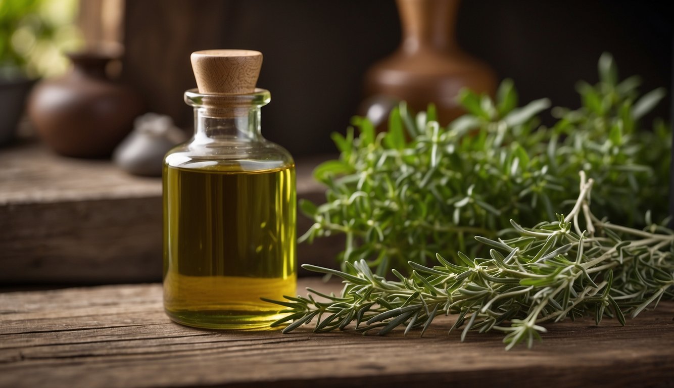 A small glass bottle labeled "Frequently Asked Questions green herb oil" sits on a wooden shelf, surrounded by sprigs of fresh herbs and a mortar and pestle