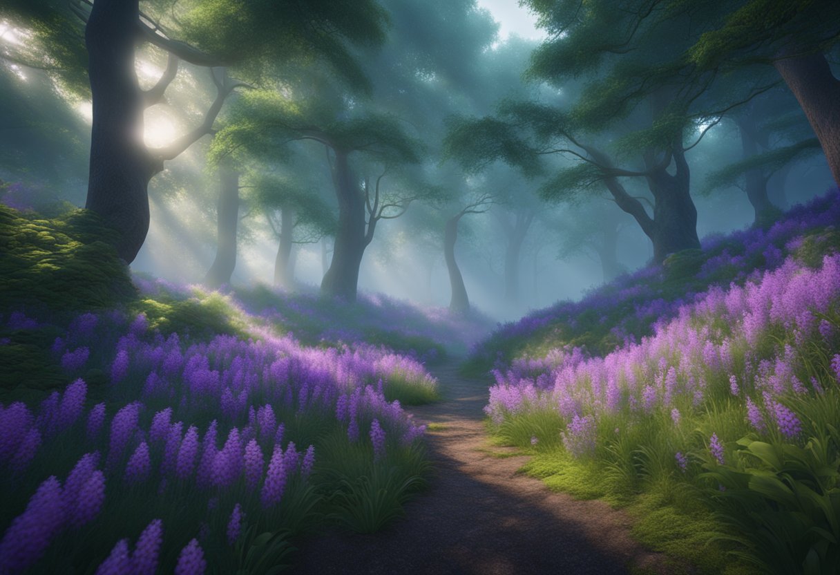 A serene, misty forest with vibrant purple flowers blooming among lush green foliage, symbolizing spiritual enlightenment and divine connection