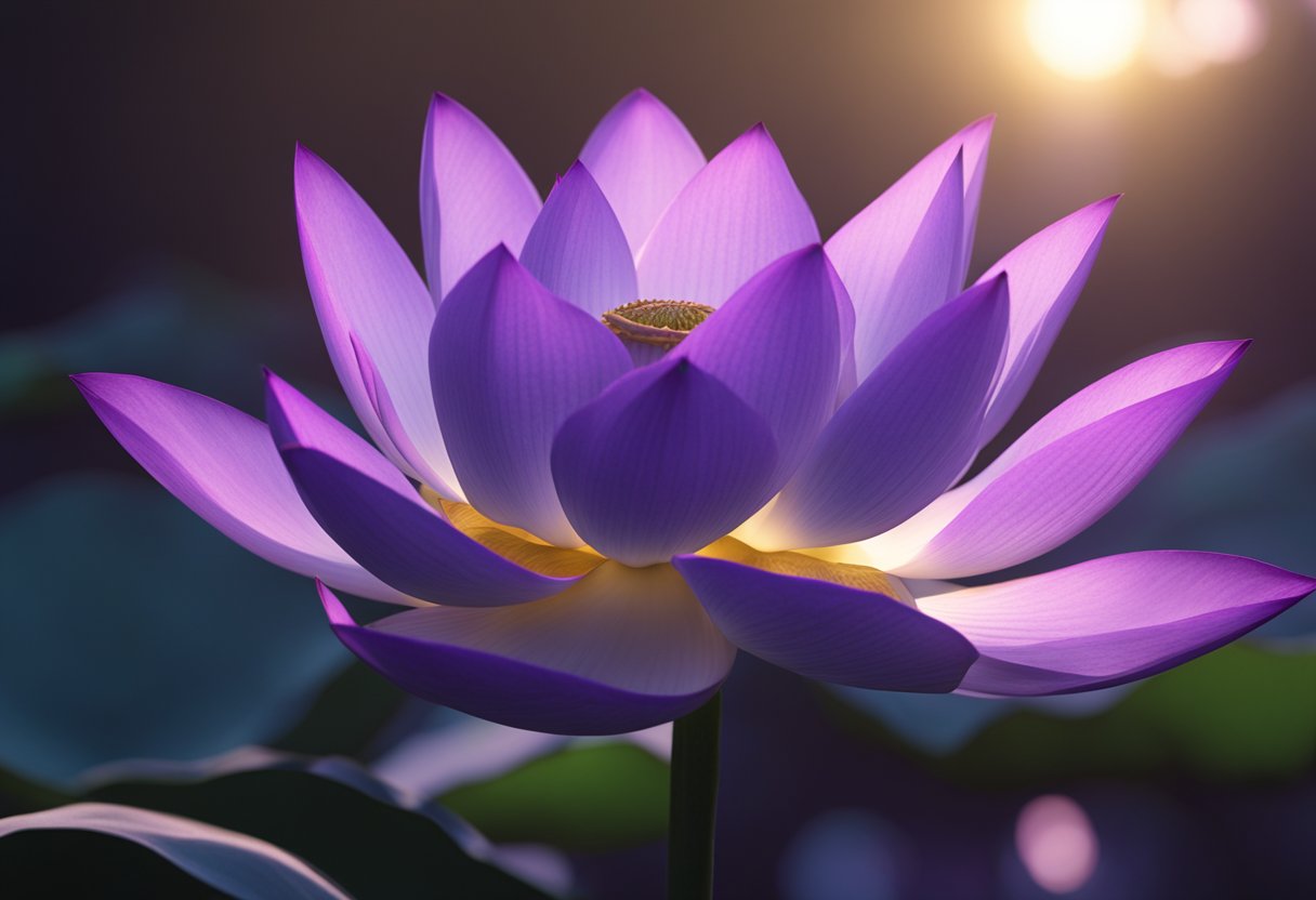 A majestic purple lotus blooms, symbolizing spiritual enlightenment and inner transformation. An ethereal glow surrounds the flower, evoking a sense of mystery and depth