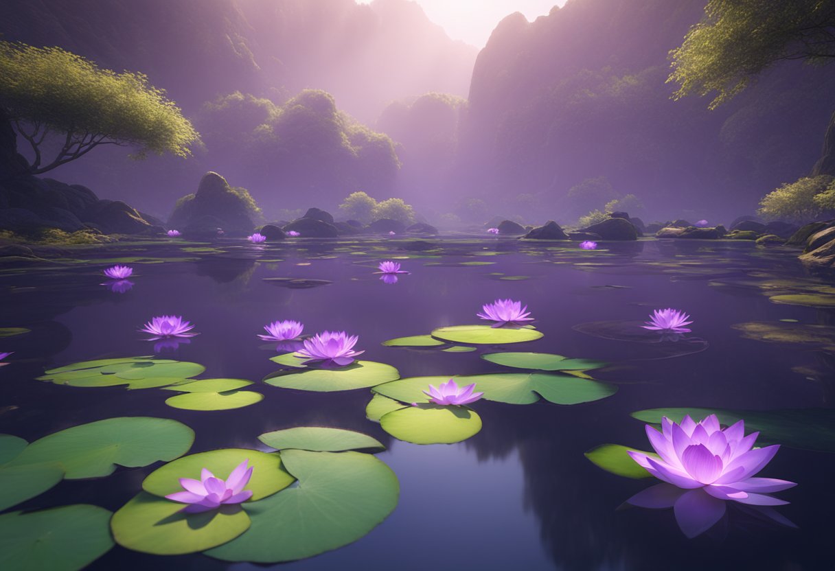 A purple lotus blooms in a serene pond, symbolizing spirituality and enlightenment across different cultures