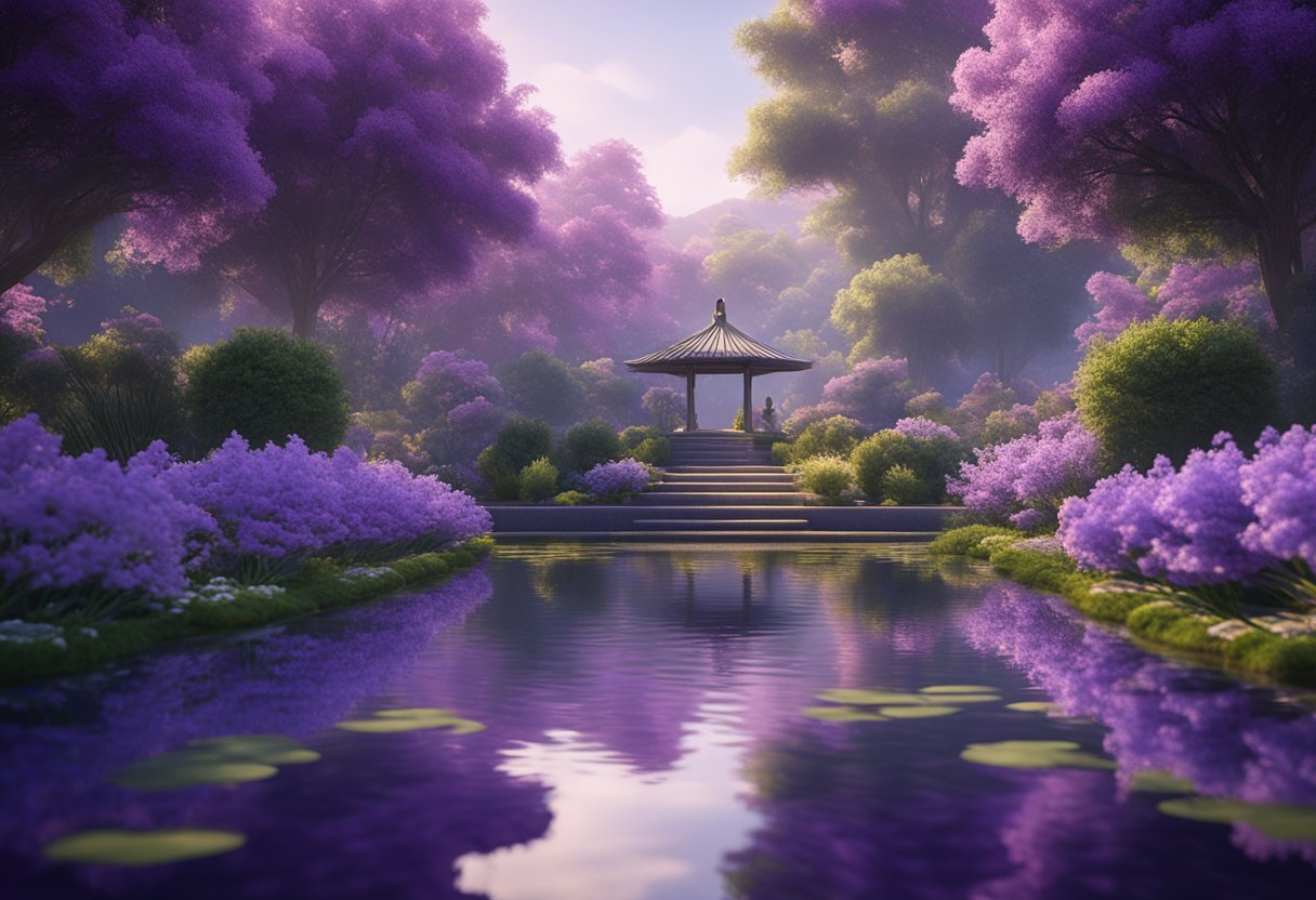 A serene garden with blooming purple flowers, a tranquil pond reflecting the deep violet sky, and a meditating figure surrounded by the calming color