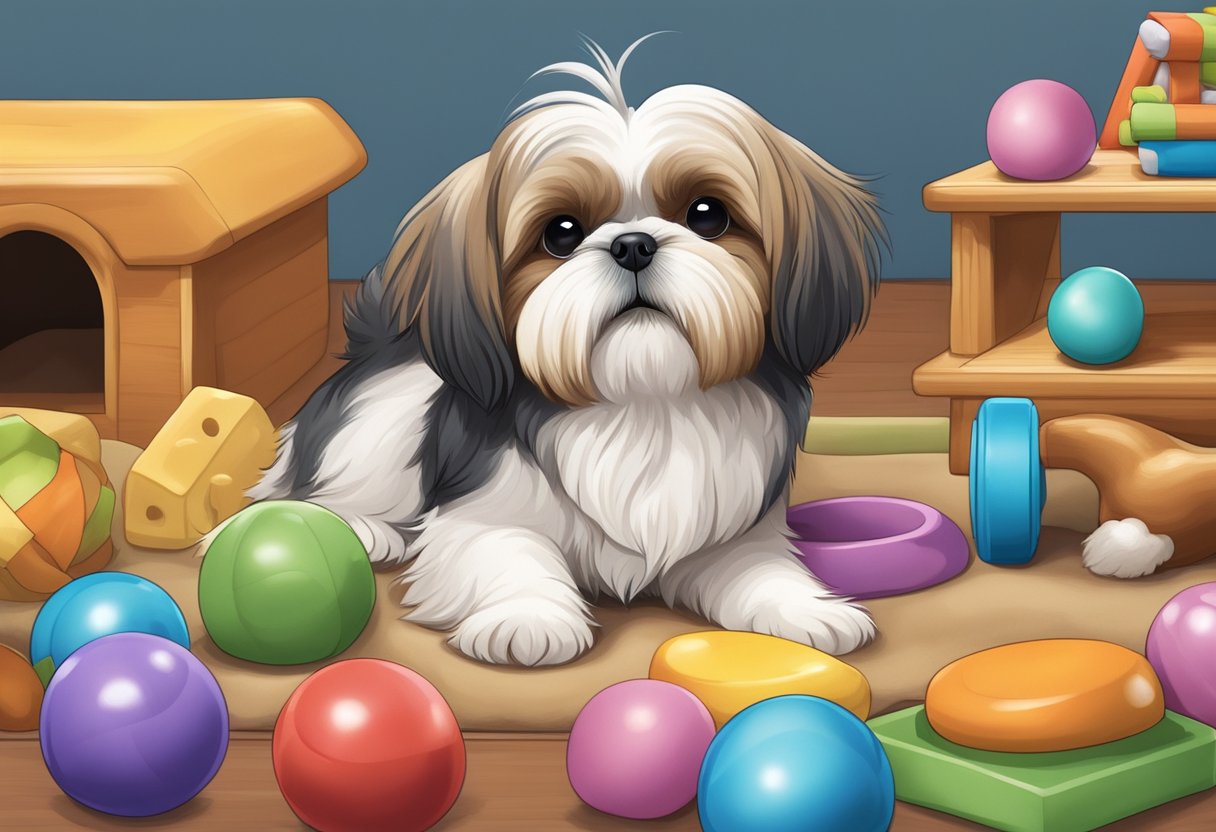 A Shih Tzu wagging its tail, with a playful expression, surrounded by toys and a cozy bed