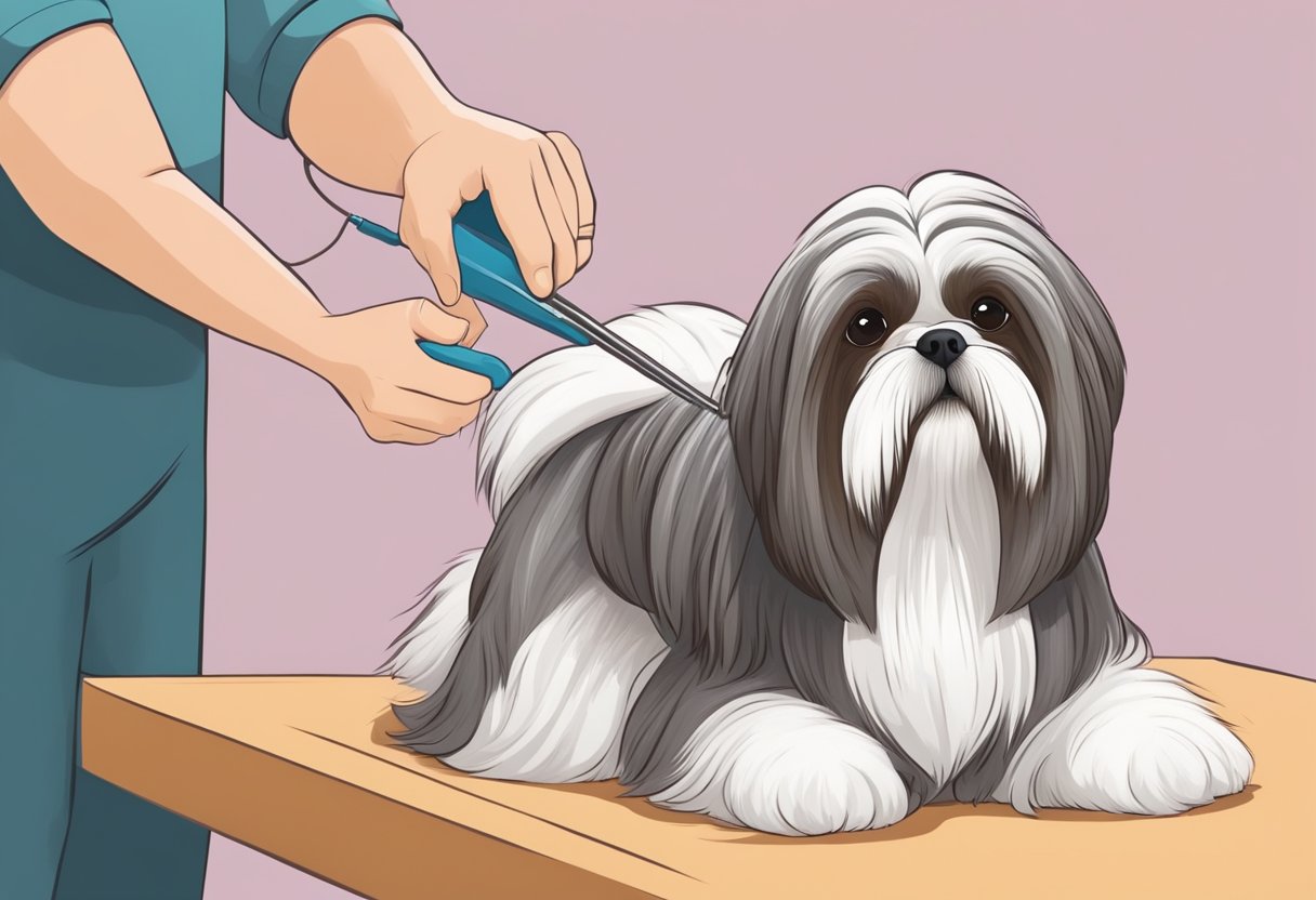 A Shih Tzu dog being groomed and brushed by a caretaker in a calm and gentle manner. The dog is sitting still and relaxed, enjoying the attention