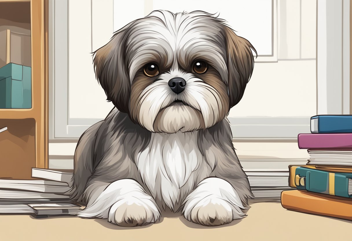 A Shih Tzu sits attentively, ears perked, in front of a list of frequently asked questions about their behavior. A playful expression on its face suggests a friendly and approachable demeanor