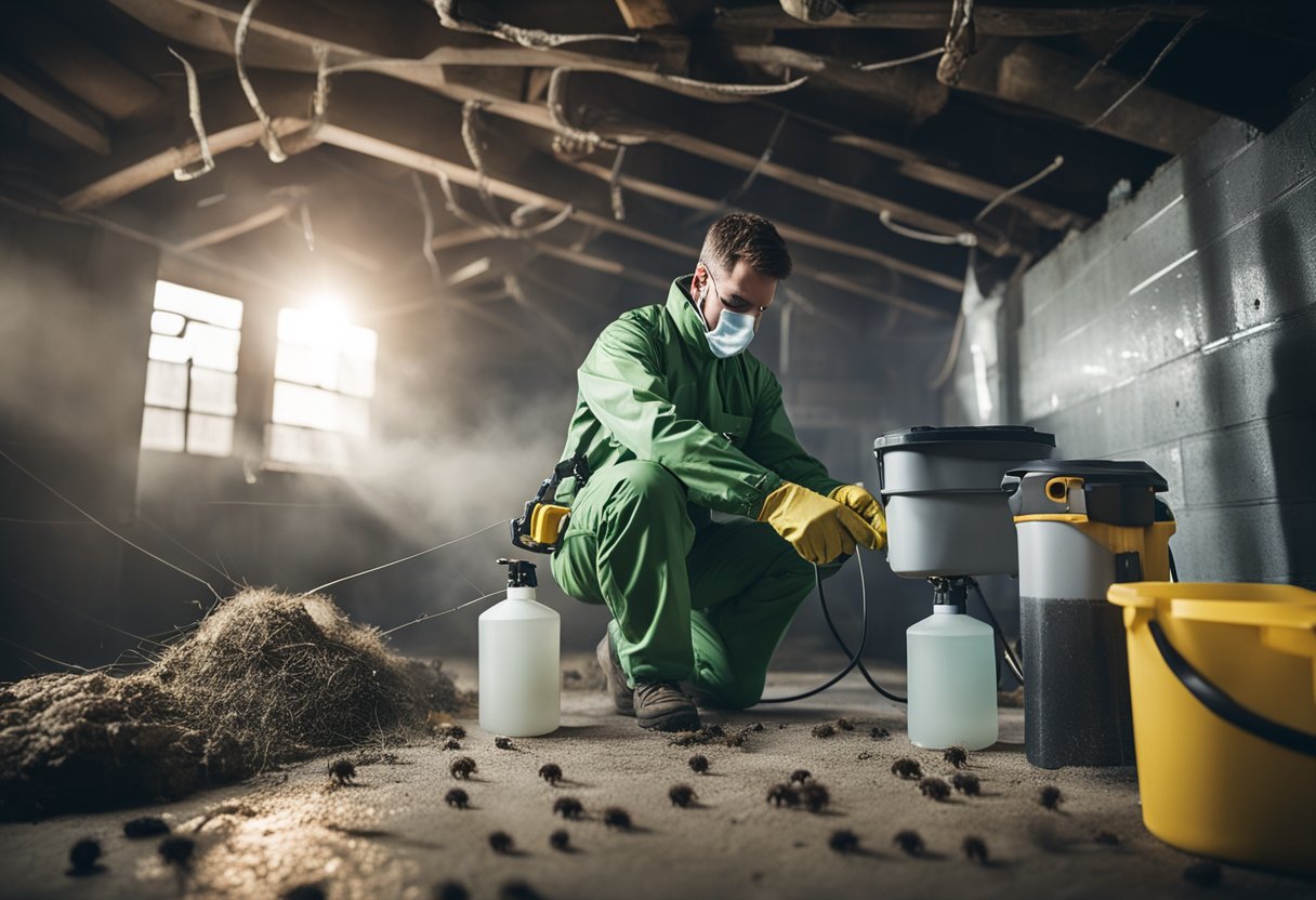 A professional pest control technician spraying insecticide in a cluttered basement with spider webs and rodent droppings