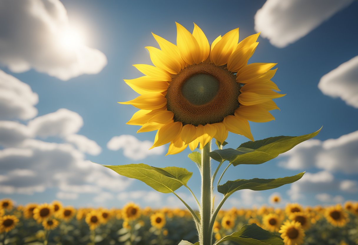 A bright yellow sunflower reaching towards the sky, symbolizing enlightenment and positivity in spiritual significance