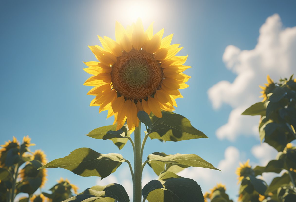 A bright yellow sunflower stands tall against a clear blue sky, radiating warmth and joy, symbolizing spiritual enlightenment and positivity