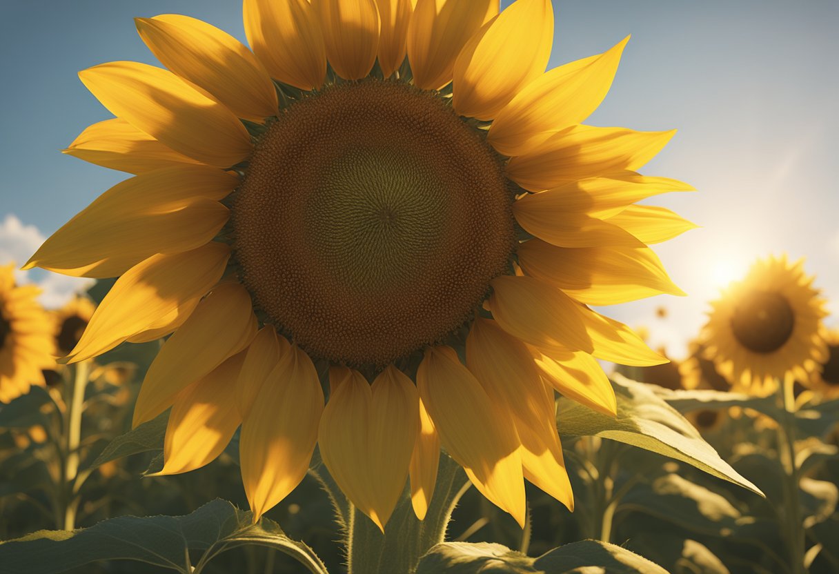 A radiant sunflower stands tall in a field, its golden petals reaching towards the sky. The vibrant yellow color emanates warmth and positivity, symbolizing enlightenment and spiritual awakening