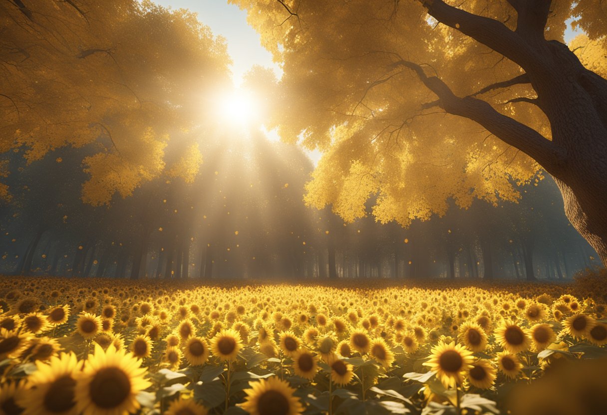 Sunlight filters through a canopy of golden leaves, casting a warm glow on the forest floor. Bees buzz around a field of sunflowers, their petals reaching towards the sky