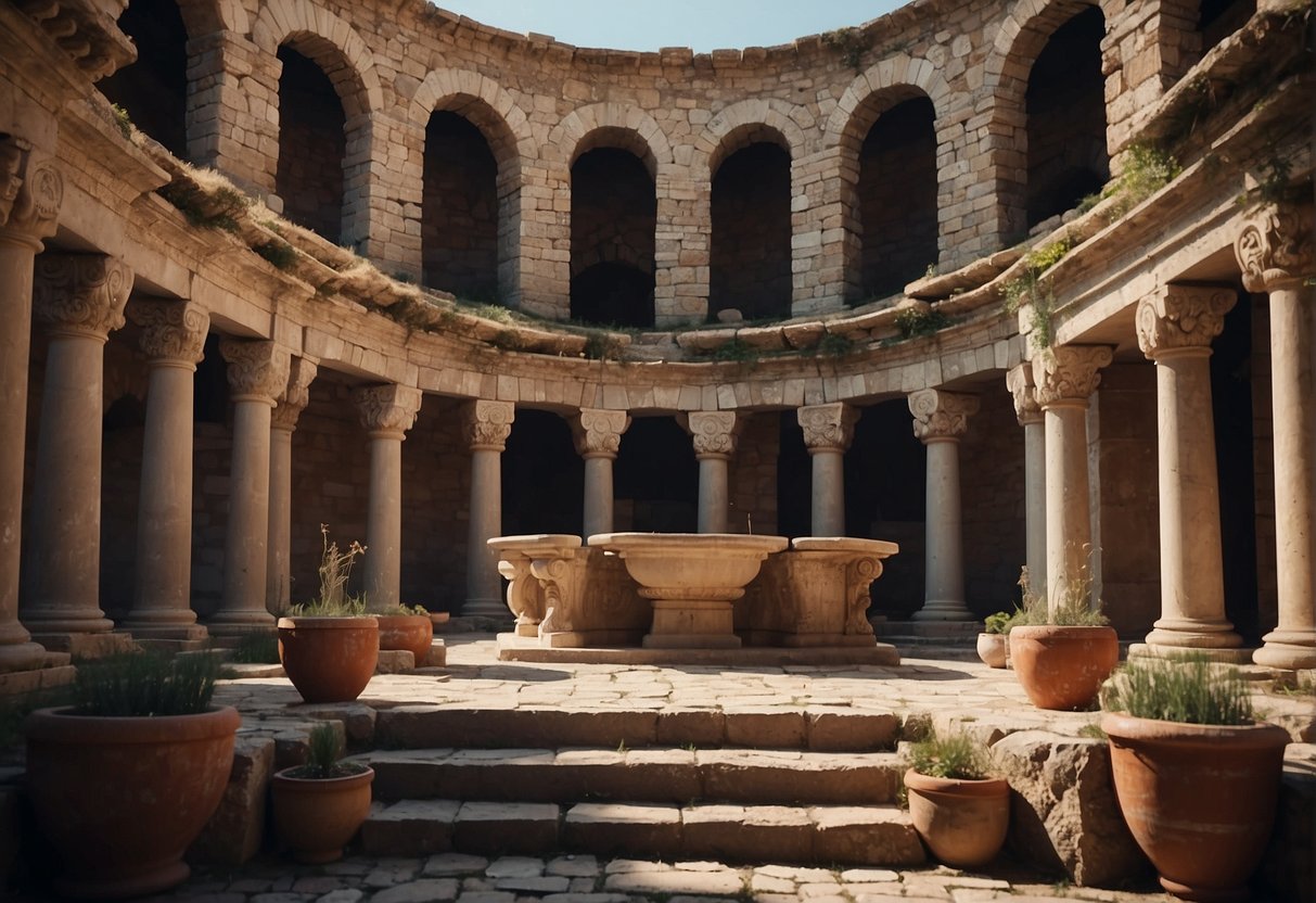 The ancient Roman ruins display grand winemaking facilities, showcasing emperors' opulent use of wine as a symbol of power and luxury